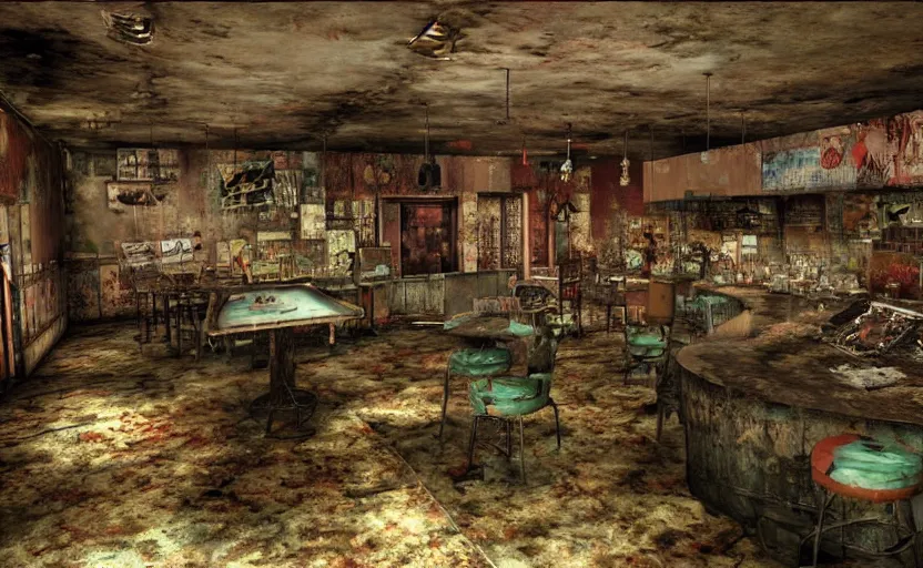 Prompt: horror photography of the rundown ruins of a 5 0 s bar in a tacky casino in fallout new vegas by lori nix