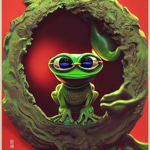 Prompt: plasticine wet shiny angles, crystal, moonlit, mirrors, camera angled dramatically, realistic hyperdetailed design of pepe the frog, ferocious, chinese mythology, victo nga, fumo yoshitoshi, ren jing jeong, feifei ruan, peter mohrbacher, takato yamamoto