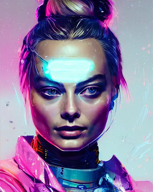 Image similar to detailed margot robbie portrait neon operator girl cyberpunk futuristic neon reflective puffy coat, decorated with traditional japanese ornaments by ismail inceoglu dragan bibin hans thoma greg rutkowski alexandros pyromallis nekro rene margitte illustrated perfect face, fine details, realistic shaded, fine - face, pretty face