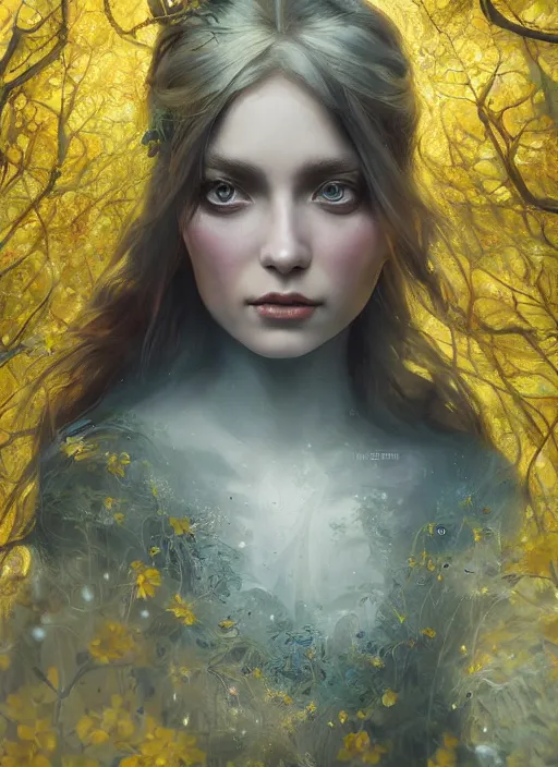 Image similar to intricate oil painting portrait by Anna Dittmann depicting a stunning female fantasy cleric in a bright temple surrounded by yellow spring forest and dead trees, evening, atmospheric lighting, intricate detail, cgsociety, hyperrealistic, octane render, RPG portrait, ambient light, dynamic lighting