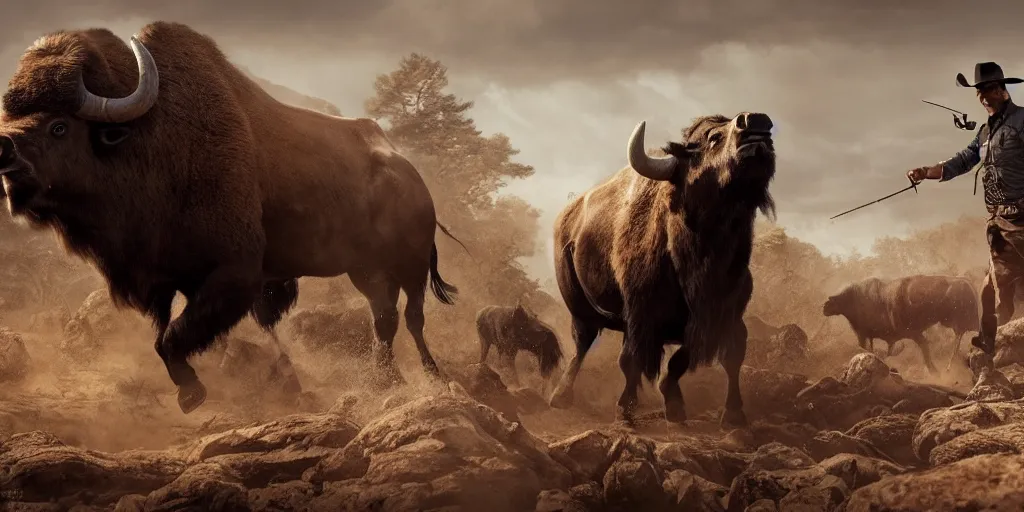 Image similar to futuristic indian hunts bison herd, action scene, an epic western, dramatic lighting, cinematic, establishing shot, extremely high detail, photorealistic, cinematic lighting, artstation, octane render, old photo, buffalo hunt movie, alpha movie, western, ultra sharp, clean symmetrical faces, high detail, intricate,hypermaximalist,hyper realism