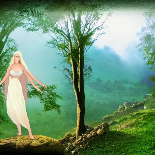 Image similar to ethereal goddess in a misty mountain valley, clipart