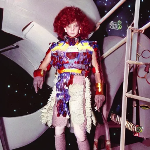 Image similar to davis taylor brown dressed in 1 9 8 1 space fantasy fashion