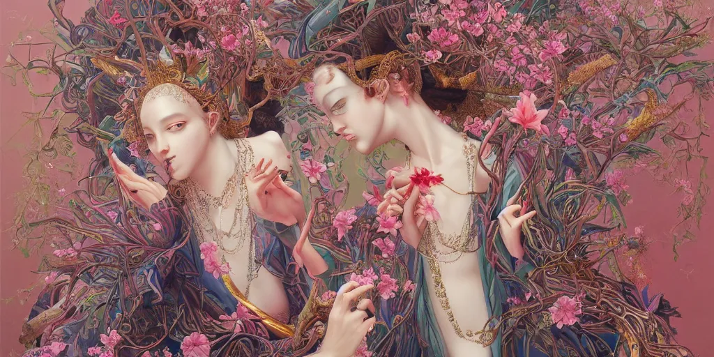 Prompt: breathtaking detailed weird concept art painting of the goddess of flamingo, orthodox saint, with anxious, piercing eyes, ornate background, epic composition, symmetry, amalgamation of leaves and flowers, by Hsiao-Ron Cheng and John James Audubon and Miho Hirano, extremely moody lighting, 8K