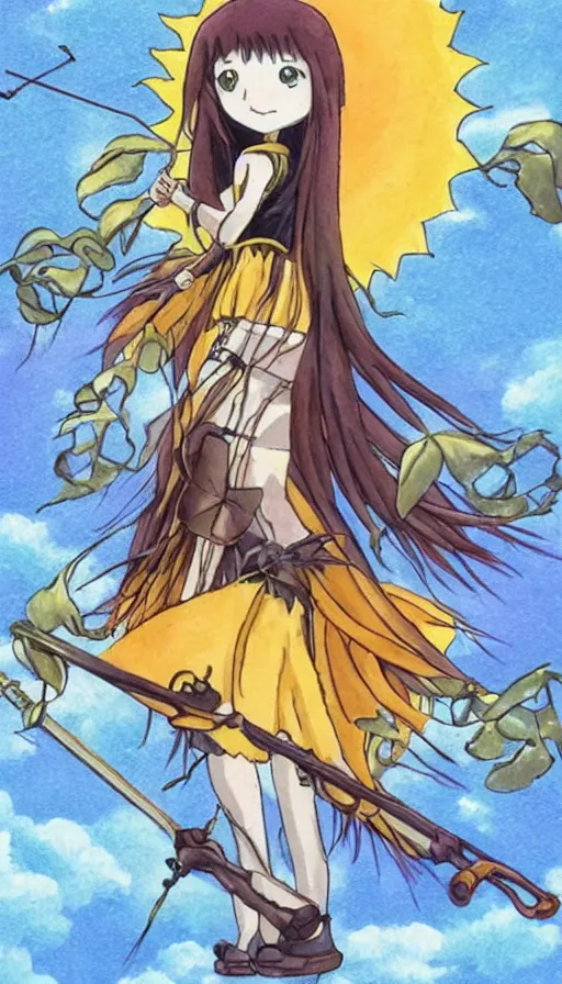 Image similar to the being death as a cute anime girl with a giant cute sun flower scythe from a studio ghibli film inspired by the death tarot card