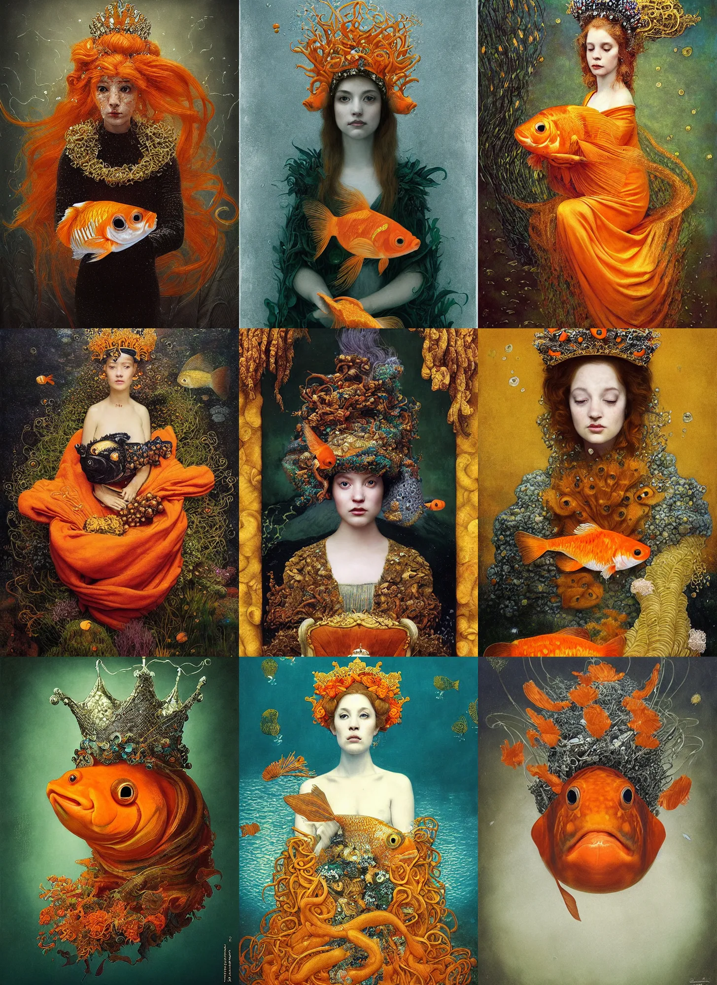 Prompt: “A majestic portrait of an goldfish wearing a crown, on a throne made of kelp,goldfish face, national geographic, titian, Tom Bagshaw, Sam Spratt, maxfield parrish, gustav klimt, high detail, 8k, intricate, orange black and white”