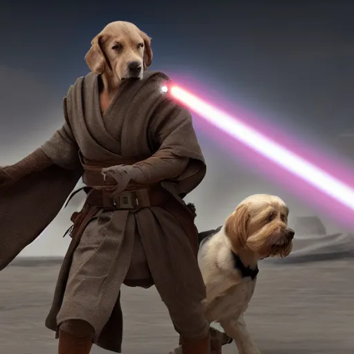 Image similar to a Jedi with a dog, fighting a war, hyper realistic, future, space, medieval, 4k