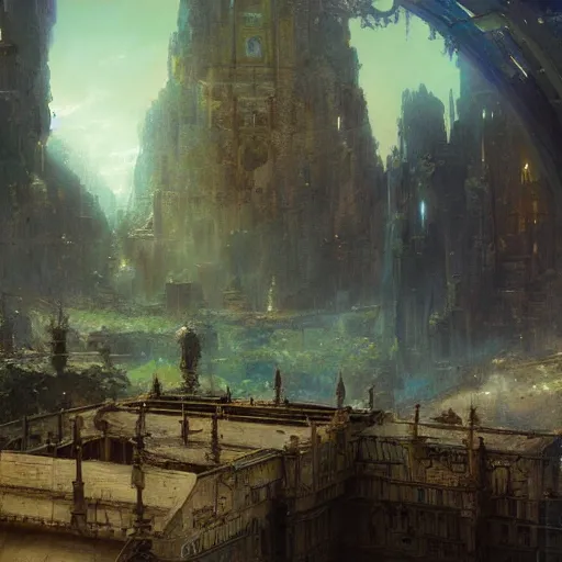 Prompt: a matte painting background of a religious scifi location by greg rutkowski, gaston bussiere, craig mullins