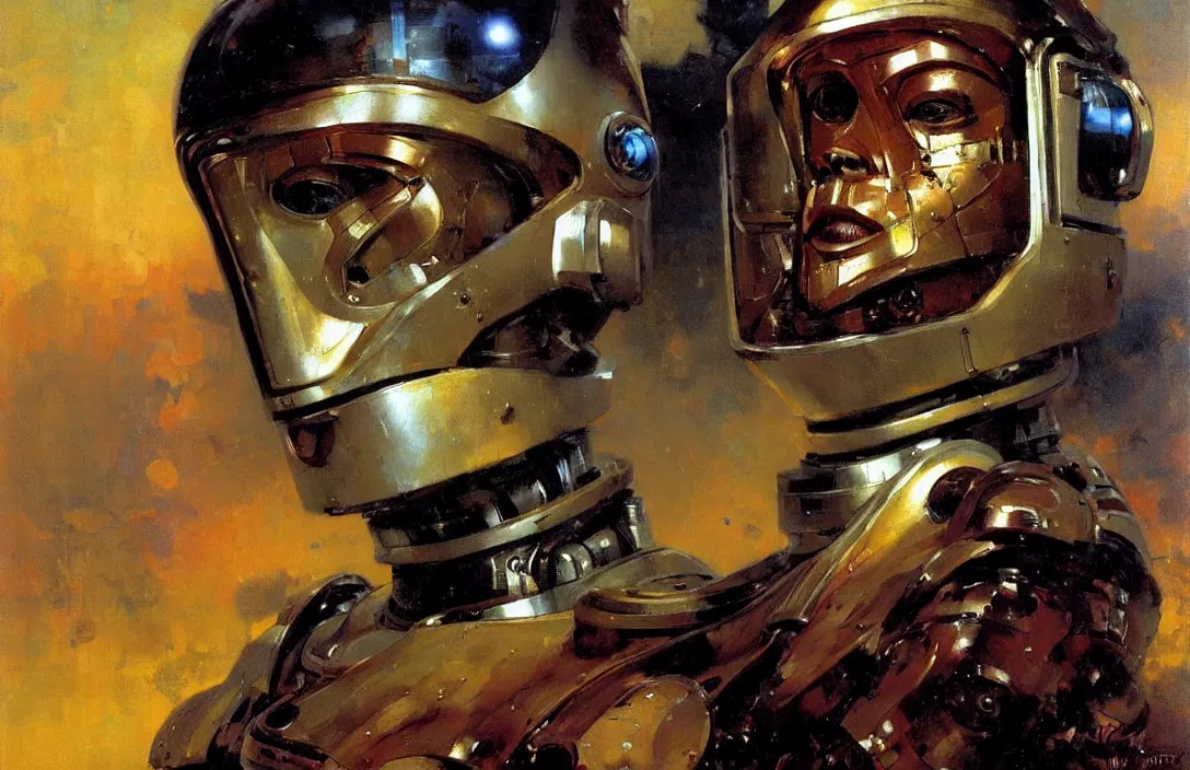 Image similar to portrait of futuristic space robot!!!!!!!!!!!!!!!!!!!!!!!!!!!, detailed face, detailed painting,, epic lighting, by ilya repin, phil hale and kent williams