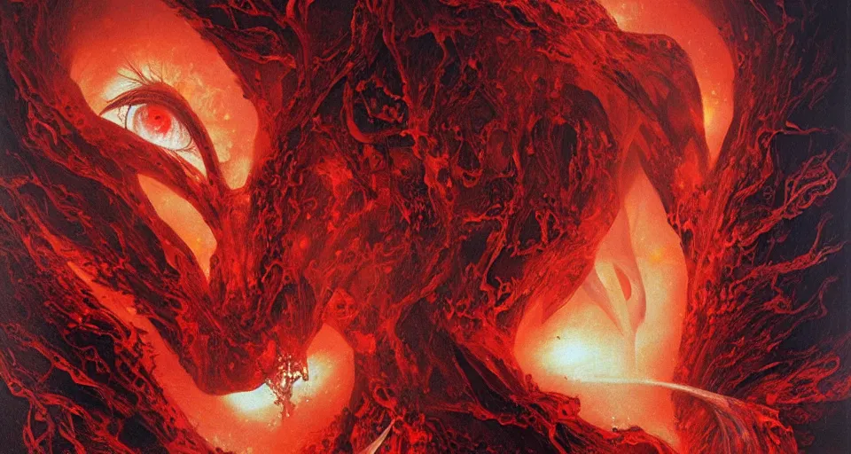 Image similar to a volcano made of ivory vines and crimson rocks enters in eruption, it spits a smoke in the shape of demonic eye, by Karol Bak, by Gainax Co,