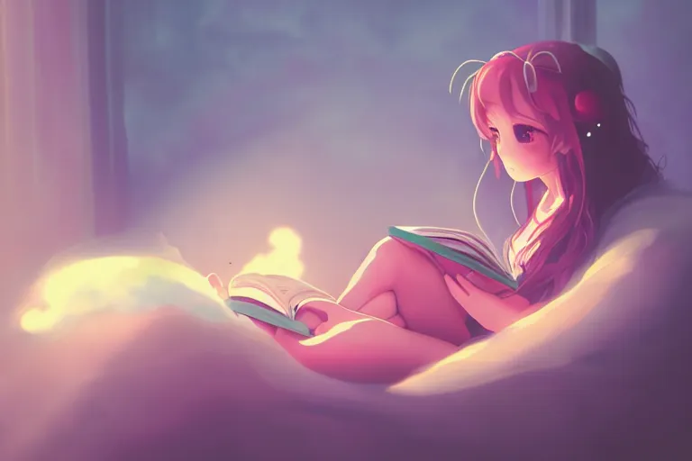 Image similar to a cute anime girl reading a book on a cloud relaxing, misty, glows, digital art, hazy, foggy, ambient lighting, 8 k, neon, synthwave,