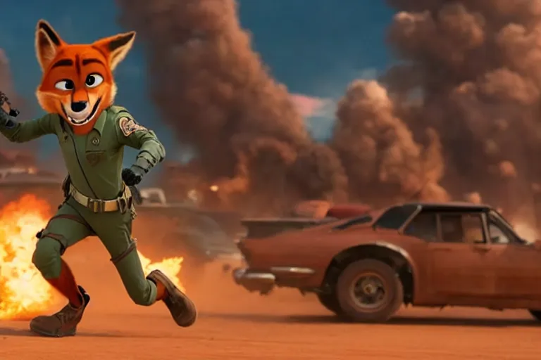 Image similar to nick wilde ( from zootopia ), heavily armed and armored facing down armageddon in a dark and gritty reboot from the makers of mad max : fury road