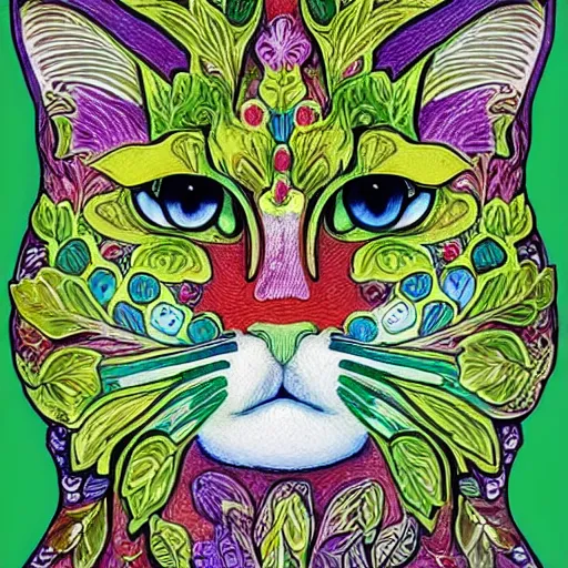 Image similar to colourful ornate decorative green man as a cat face by louis wain and william morris, closeup, twisting leaves, 8 k, artstation