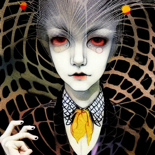 Image similar to yoshitaka amano blurred and dreamy realistic three quarter angle portrait of a woman with long white hair, black eyes and black lipstick wearing dress suit with tie, junji ito abstract patterns in the background, satoshi kon anime, noisy film grain effect, highly detailed, renaissance oil painting, weird portrait angle, blurred lost edges