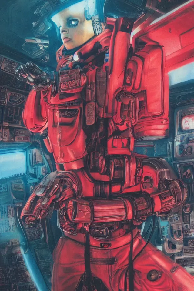 Image similar to CHAPPIE In A Red Adidas Track Suit In Neo Tokyo with Die Antwoord and Aphex Twin DJing in the Background , full figure, stormy weather, extremely detailed masterpiece, low-key neon lighting, artstation, 2001: A Space Odyssey, Roger Deakin’s cinematography, by J. C. Leyendecker and Peter Paul Rubens and Edward Hopper and Michael Sowa
