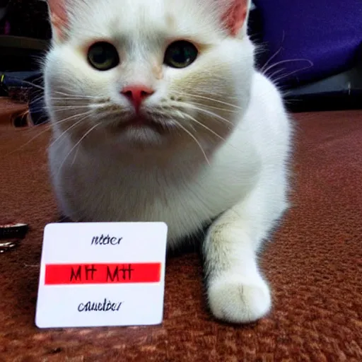 Prompt: a cute cat with a name tag that says Mat