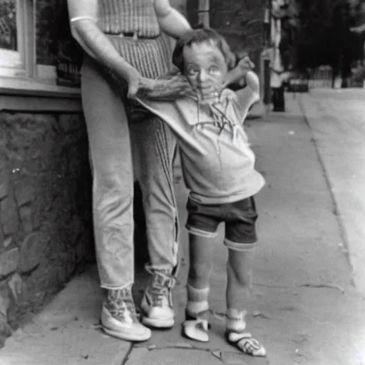 Prompt: The first known case of a man born with spider legs, circa 1982, photograph