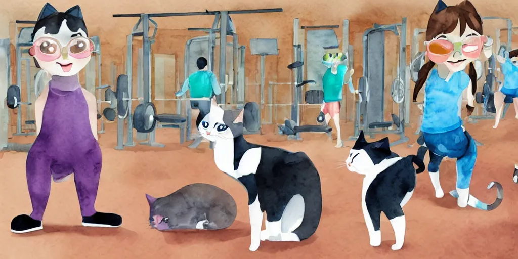 Image similar to watercolor illustration style, cute! cats! training in the fitness studio!