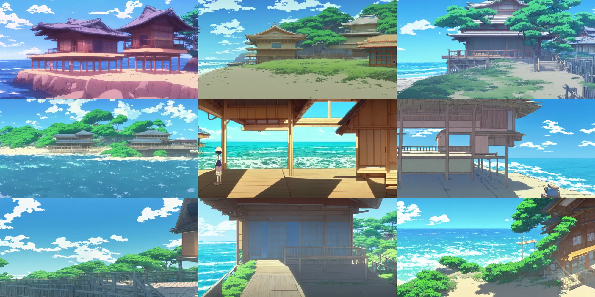 Prompt: a japanese beach house near the ocean, screenshot from the anime film by Makoto Shinkai and studio ghibli