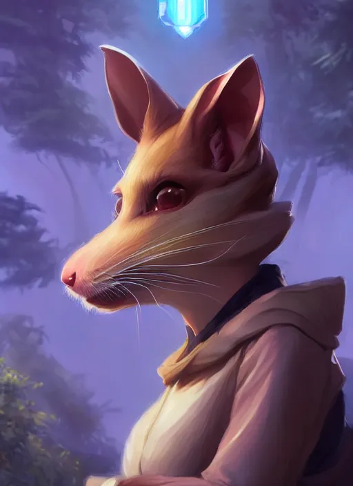 Image similar to commission of a beautiful portrait of a female anthro rat fursona wearing jedi robes in a forested cyberpunk city. character design by charlie bowater, ross tran, artgerm, and makoto shinkai, detailed, soft lighting, rendered in octane