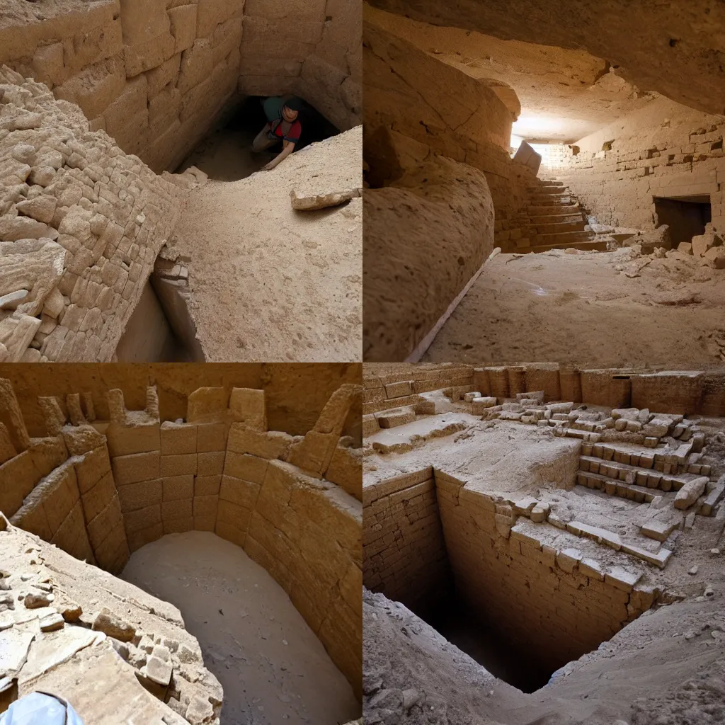 Prompt: archaeologist shows a newly discovered hidden room inside the great pyramid, 4K photo documentary