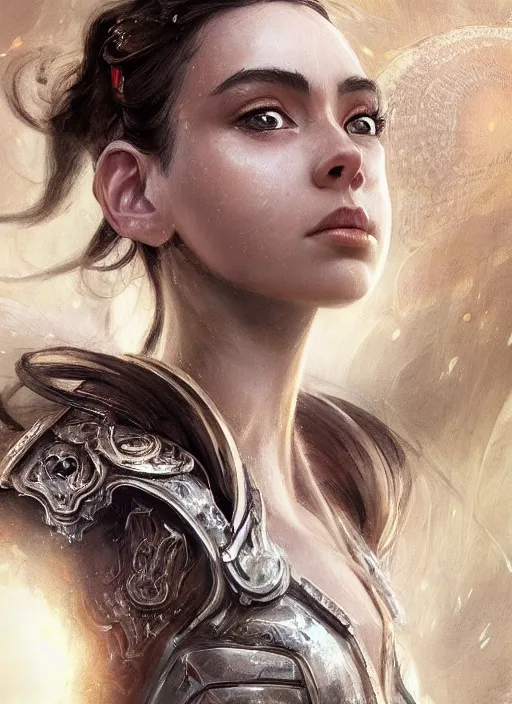 Image similar to a professional portrait of a beautiful young female, clothed in ethereal battle armor, olive skin, long dark hair, beautiful bone structure, symmetrical facial features, intricate, elegant, digital painting, concept art, smooth, sharp focus, finely detailed, illustration, from Valerian and the City of a Thousand Planets, in the style of Ruan Jia and Mandy Jurgens and Artgerm and Greg Rutkowski and William-Adolphe Bouguerea