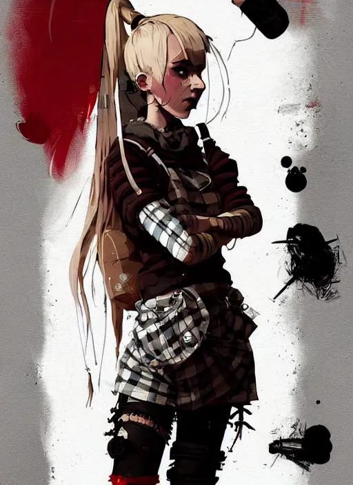 Prompt: highly detailed closeup portrait of a sewer punk pretty swedish female road warrior student, tartan garment, blonde hair pigtails with headband by atey ghailan, by greg rutkowski, by greg tocchini, by james gilleard, by joe fenton, by kaethe butcher, gradient red, black, brown and white color scheme, grunge aesthetic!!! white graffiti tag wall background