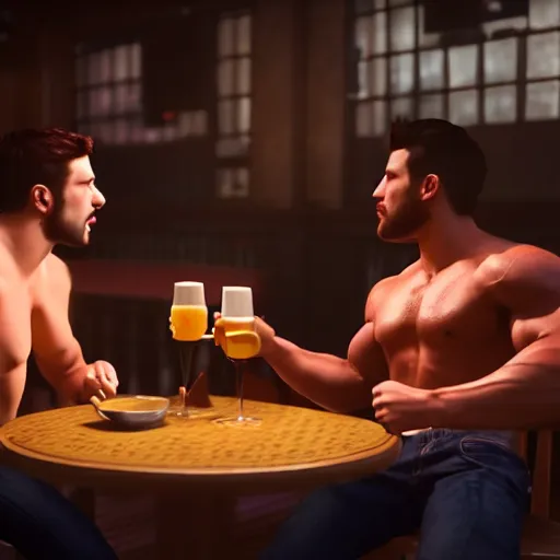 Image similar to cinematic scene with attractive male and another attractive muscular male, drinking their hearts out, in the pub, very detailed, volumetric lighting, still frame