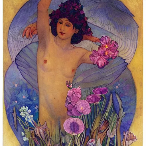 Prompt: the flower prince, by Annie Swynnerton and Nicholas Roerich and Diego Rivera, bioluminescent skin, floral tattoos, wings made out of flowers, elaborate costume, geometric ornament, symbolist, smooth, sharp focus, extremely detailed