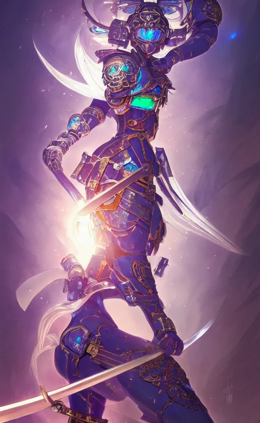 Prompt: anime iridescent opal cyborg shinobi warrior, intricate ornate details, morandi color scheme, hd, illustratio, splash art, fantasy, elegant, highly detailed, wide angle, digital painting, artstation, concept art, smooth, sharp focus, illustration, wallpaper, art by artgerm and greg rutkowski and alphonse mucha and jin xiaodi