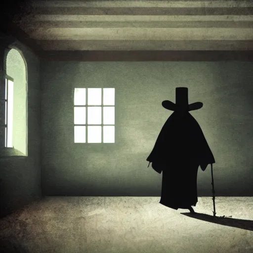 Prompt: the magician with a black robe inside a abandoned house, shadows, lurker, ghibli style