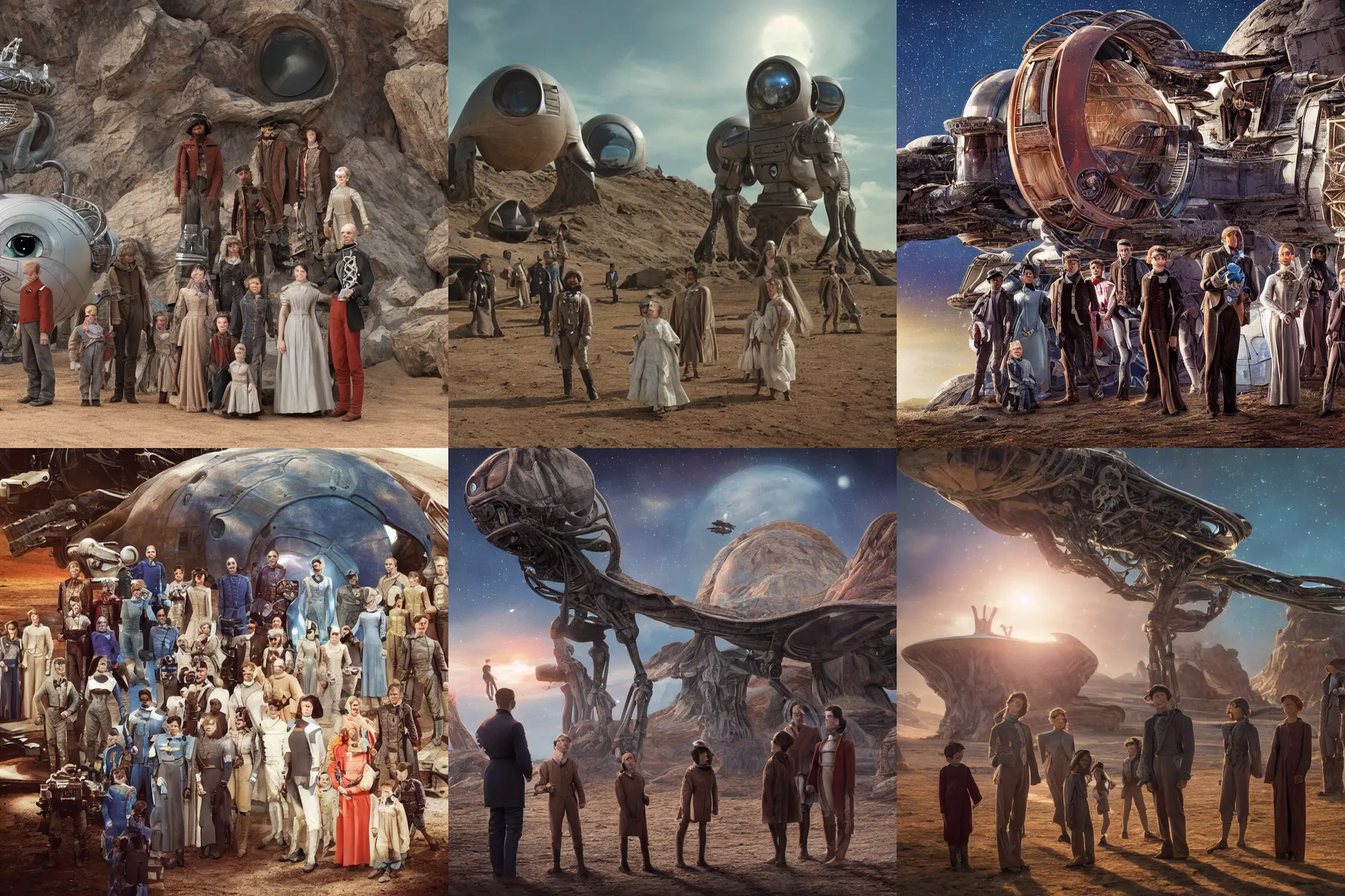 Prompt: detailed, 65536k film still from a sci fi blockbuster color movie made in 2019, set in 1860, of a family standing in front of a spaceship that has just landed on an alien planet, a humanoid alien creature stands nearby, the family are all wearing 1860s era clothes, good lighting, good photography