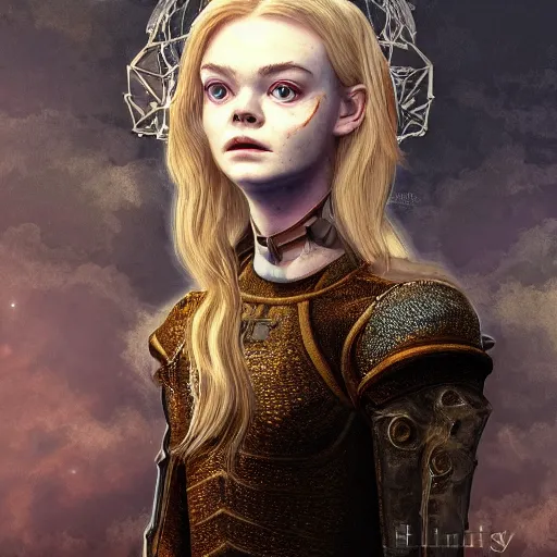 Prompt: Elle Fanning in the painted world of Dark Souls, head and shoulders masterpiece, apocalypse, golden hour, cosmic horror, artstation, in the style of Renaissance, extremely detailed