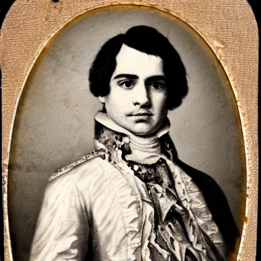 Image similar to 1800s photograph of ben shapiro in baroque clothing, highly detailed, faded, stained, cracked