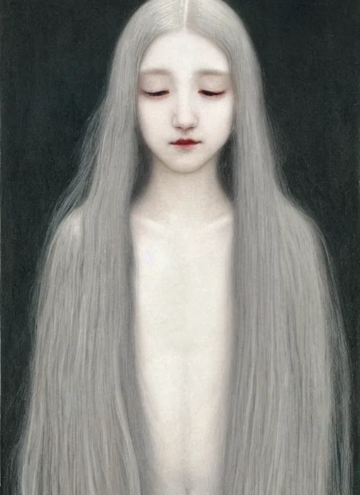 Image similar to thin young wan beautiful angel, silver hair so long, pale!, long silver hair, silver angel wings, smooth skin, wan adorable korean face, silver hair!!, style of fernand khnopff and lucien levy - dhurmer, oil on canvas, 1 8 6 2, 4 k resolution, aesthetic! beautiful!,