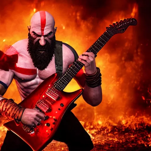 Prompt: kratos shredding on a flaming stratocaster guitar, cinematic render, god of war 2 0 1 8, santa monica studio official media, lightning, spartan rage, accurate head