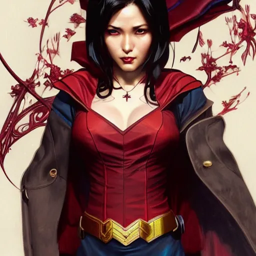 Image similar to Ada Wong as Super Girl, western, D&D, fantasy, intricate, elegant, highly detailed, digital painting, artstation, concept art, matte, sharp focus, illustration, art by Artgerm and Greg Rutkowski and Alphonse Mucha