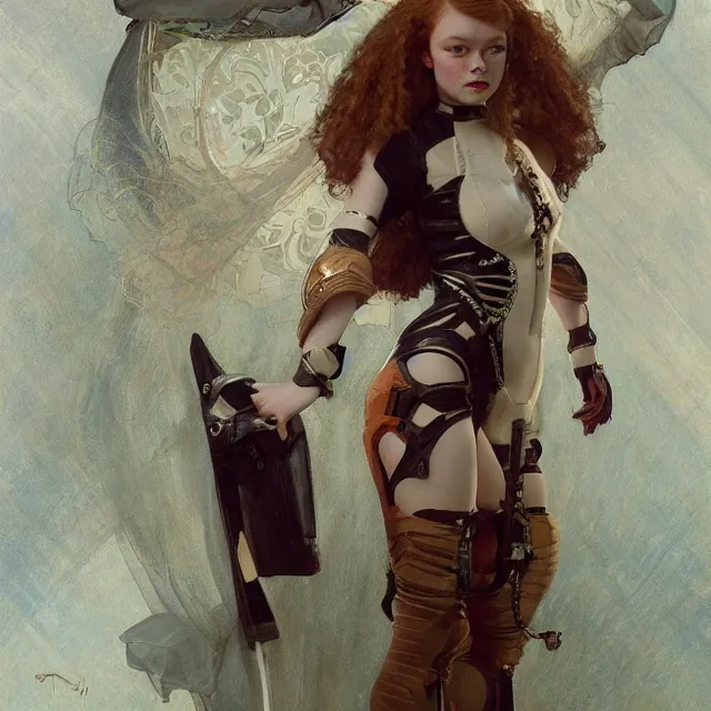 Image similar to sadie sink domme mistress, full body, dominatrix, tribal, smooth white tight clothes suit, ornate, very beautiful, concept art, realistic painting, androgynous, afrofuturism, daz 3 d, cinematic, cgsociety, digital art by greg rutkowski, by alphonse mucha