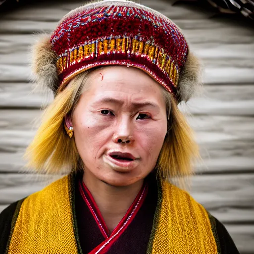 Image similar to ethnographic portraiture photograph of an extremely beautiful!!!! young blonde woman with symmetric face. wearing traditional greenlandic national dress. in front of her house. petzval lens. shallow depth of field. on flickr, award winning. national geographic