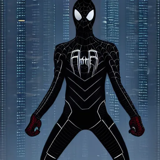 Image similar to all black futuristic depiction of an armored cyberpunk spiderman, futuristic style spiderman, cyberpunk, comic book art