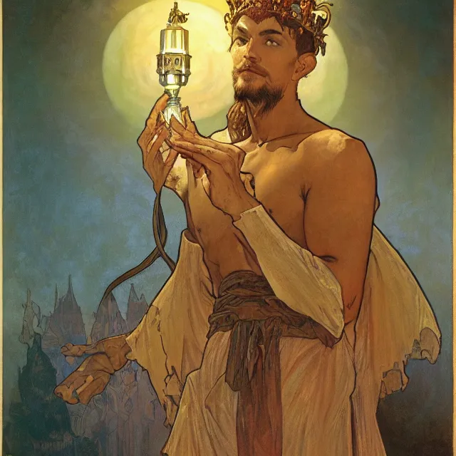 Image similar to an aesthetic! a detailed portrait of a man with a crown, holding a lantern by frank frazetta and alphonse mucha, oil on canvas, art nouveau dungeons and dragons fantasy art, hd, god rays, ray tracing, crisp contour lines, huhd