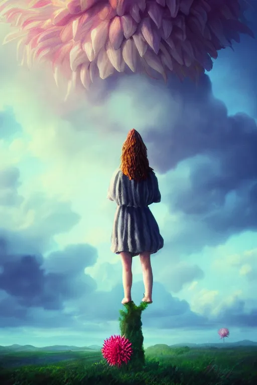 Image similar to closeup girl with giant dahlia flower head, standing on mountain, surreal photography, blue storm clouds, dramatic light, impressionist painting, digital painting, artstation, simon stalenhag