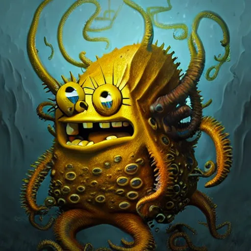 Image similar to portrait of SpongeBob as a large Lovecraftian monster, fantasy, intricate, elegant, highly detailed, digital painting, artstation, concept art, smooth, sharp focus, illustration, art by artgerm and greg rutkowski