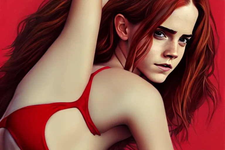 Image similar to Red-haired beauty Emma Watson in a bikini, highly detailed, mid-shot ,pixiv , digital painting , concept art