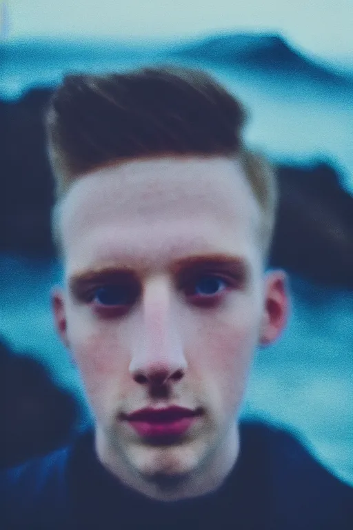 Prompt: high quality pastel coloured film mid angle selfie photograph of a beautiful young man, soft features, standing in an icelandic black rock environment. atmospheric. three point light. photographic. art directed. ( pastel colours ). volumetric light. stark. waves glitch. 8 k. filmic.