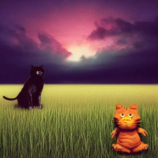 Prompt: kanye west standing with garfield the cat in the middle of a field of grass at night, dark sky, gloomy, field, photorealistic