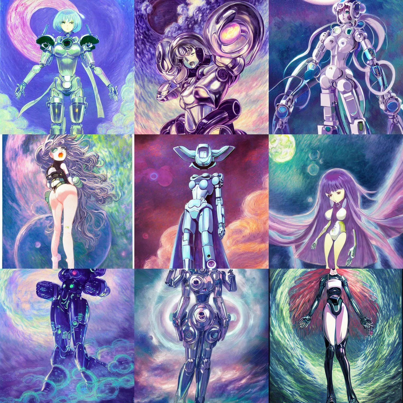 Prompt: masumune shirow shiny metallic fleshy mecha with cape, ethereal being of light, cute eerie retro anime girl, gloomy face, crystalline translucent hair, sky with swirling clouds, shining crescent moon, spiral heavens, pale pastel colours, beautiful painting by claude monet