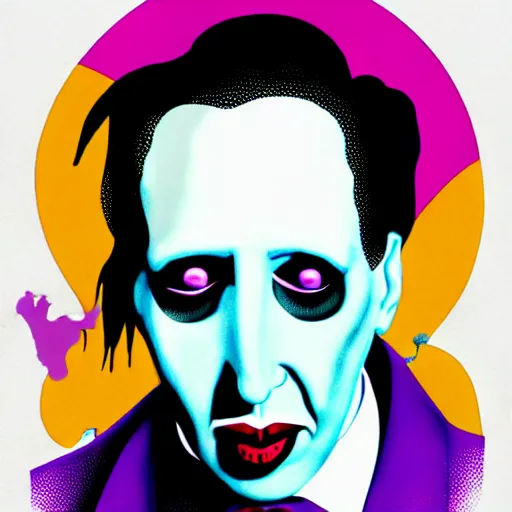 Prompt: graphic illustration, creative design, marilyn manson as willy wonka, biopunk, francis bacon, highly detailed, hunter s thompson, concept art