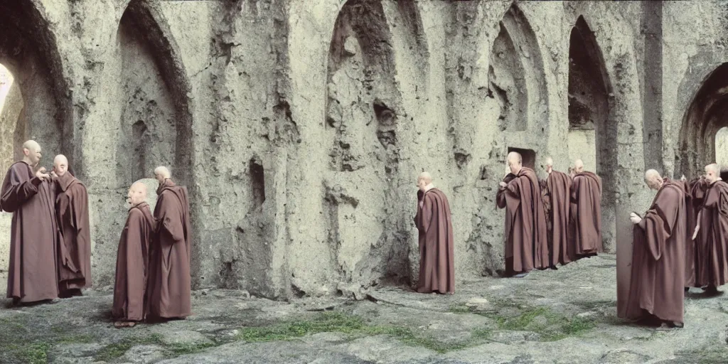 Image similar to robed benedictine monks sing in a boreal crumbling stone gothic brutalist monastery kodak portra ektachrome, chromatic aberration, film grain, bokeh