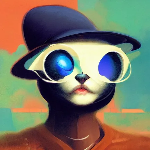 Image similar to a half robot cat wearing a hat medium shot, asymmetrical, profile picture, organic painting, nebula, matte painting, bold shapes, hard edges, street art, trending on artstation, by huang guangjian and gil elvgren and sachin teng